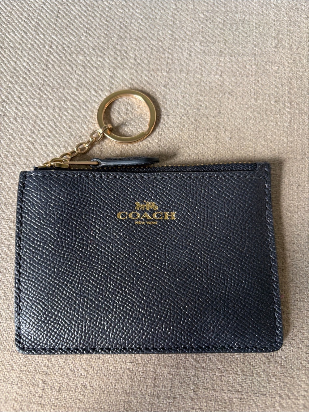 Coach Black Leather Sparkle Crossgrain Mini Skinny ID Keychain